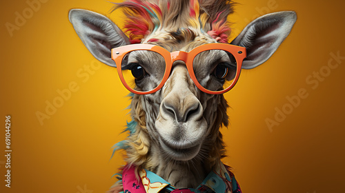 Illustration of a rainbow giraffe wearing grasses. Cartoon colorful giraffe with glasses and colorful background. Generative Ai.