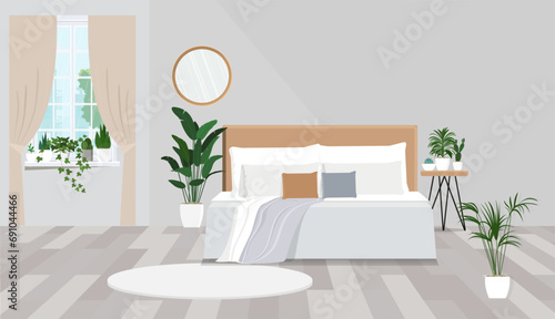 Illustration of a Scandinavian bedroom interior with plants on the window.