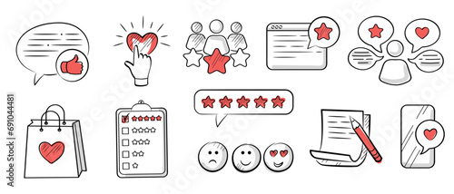 Feedback, review, rating, five stars, like. Cute vector doodle-style red color icons set.
