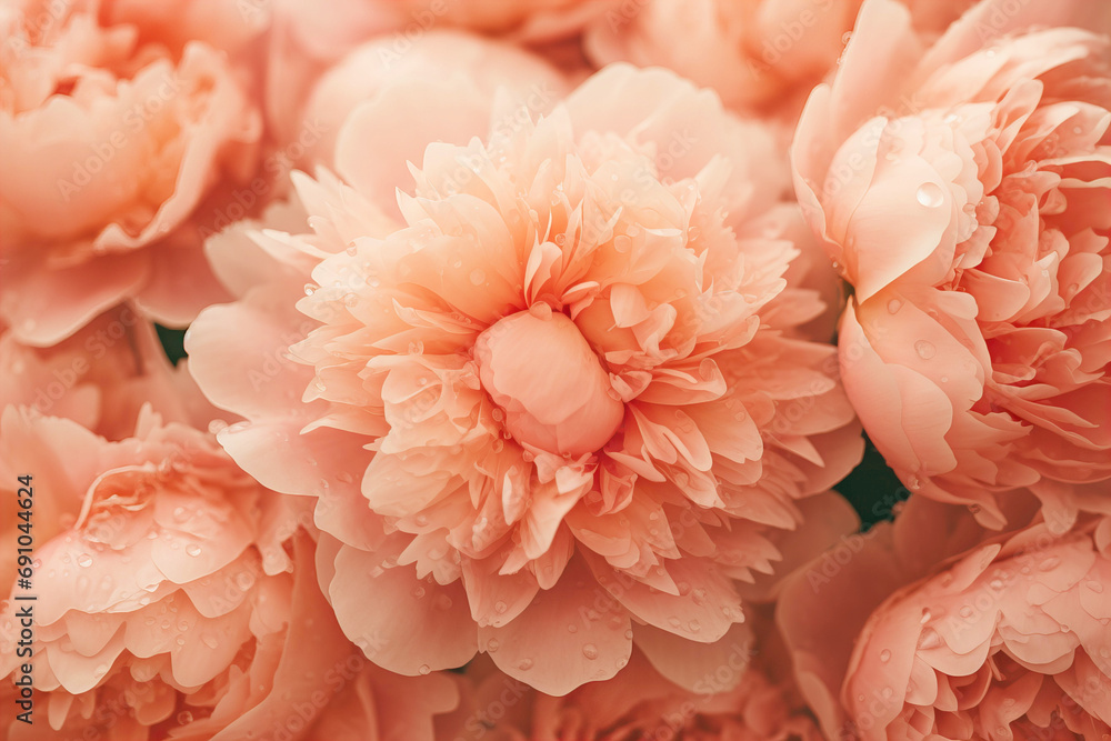 close up macro of beautiful peonies in peach fuzz color of the year 2024