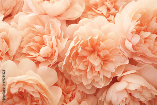 close up macro of beautiful peonies in peach fuzz color of the year 2024 photo