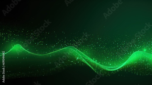 Abstract green particle background. Flow wave with dot landscape. Digital data structure. Future mesh or sound grid. Pattern point visualization. Technology vector illustration., 