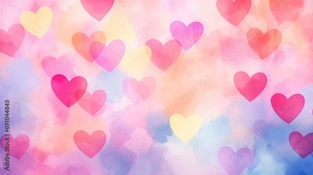 Beautiful cartoony hearts background in the style of BLUR watercolor painting, pastel colors