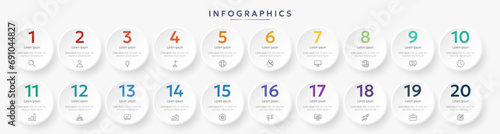 Infographic template with 20 circle options for presentation and data visualization. Business process chart. Diagram with twenty steps to success