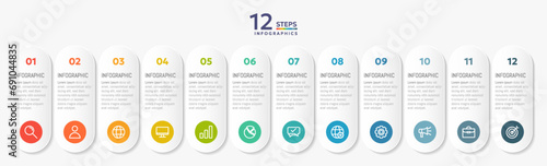 Infographic template with 12 capsule options for presentation and data visualization. Business process chart. Diagram with twelve steps to success