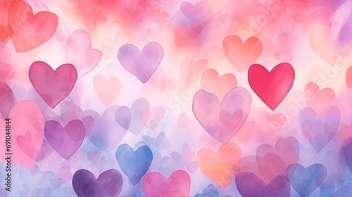 Beautiful cartoony hearts background in the style of BLUR watercolor painting  pastel colors