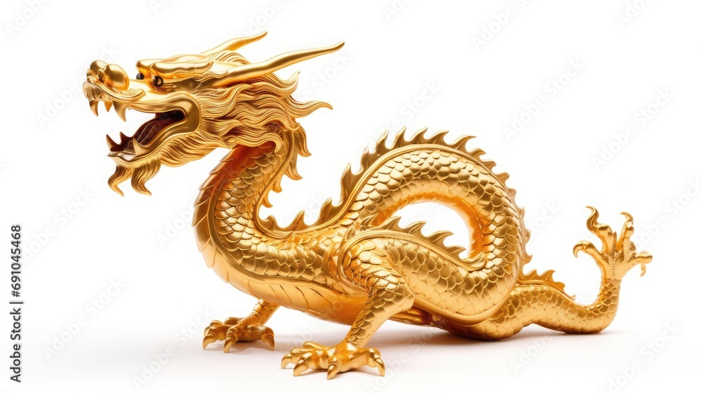 Chinese dragon made of gold represents prosperity isolated on white background