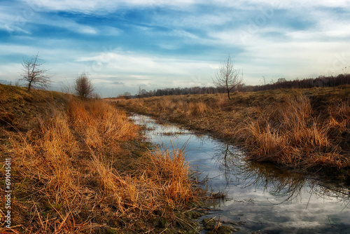 A landscape photo captures a small stream meandering through a field of tall grass, with trees in the background.