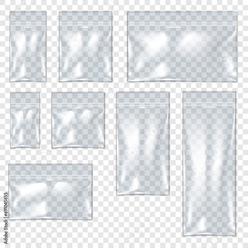 Clear vinyl zipper pouch vector mockup set. Plastic bag with zip lock mock-up kit.  Transparent PVC envelope sleeve ziplock package template