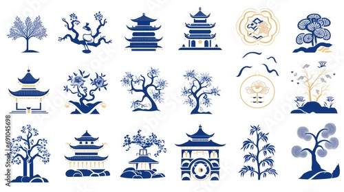 Few chinese icons on a white background, in the style of blue and gold, japanese-style landscapes, playful visual puzzles, guo pei, stencils, wallpaper  photo
