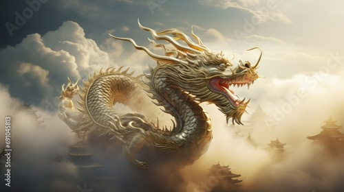 Chinese New Year, Year of the Dragon, in the sky golden dragon rides clouds and mists,detail, high quality, masterpiece, 3d render, oc render, clean background, hd  © sambath