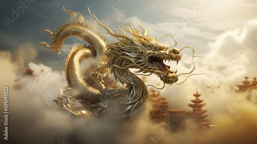 Chinese New Year, Year of the Dragon, in the sky golden dragon rides clouds and mists,detail, high quality, masterpiece, 3d render, oc render, clean background, hd 