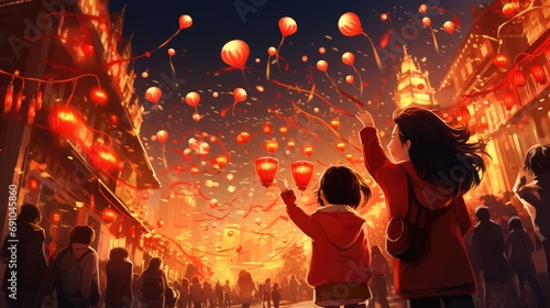 Chinese people are celebrating the Spring Festival, and a red-hot atmosphere permeates the streets, Fairy light, capture photography, stick figure, UHD, high resolution