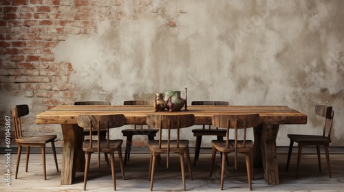a visual of a rustic, reclaimed wood dining table with mismatched chairs photo