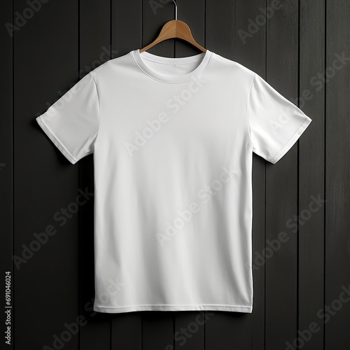 Minimalist Chic: 3D Rendered White T-shirt Hanging Against a Black Background