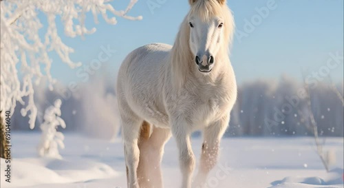 white horse in snowy forest footage photo