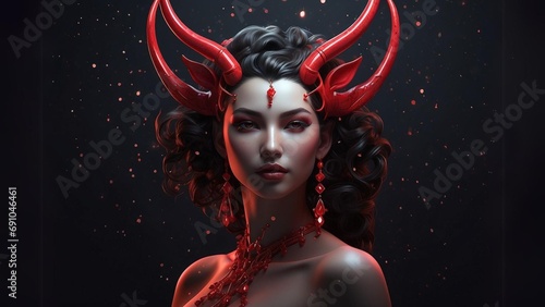 Capricorn constellation in the form of a woman and shines in ruby red light, portrait of a woman in a red dress