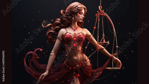 Libra constellation in the form of a woman and shines in ruby red light, portrait of a woman in a red dress
