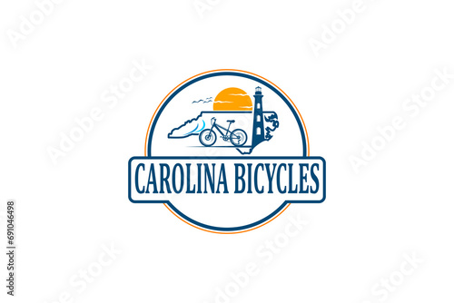 Cycling sport logo on the north carolina coast, with sunset views and lighthouse.