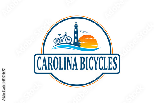 Cycling sport logo on the north carolina coast, with sunset views and lighthouse building.