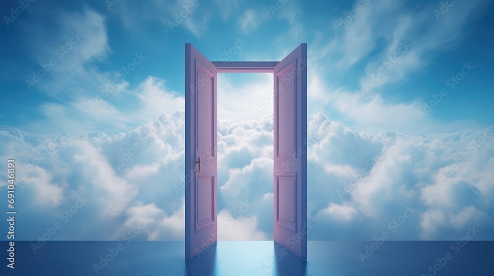 Door open in the blue clouds, film photo, color, Film texture, Surreal, award-winning photograph, ultra realistic, 4K Door open in the blue clouds, film photo, color, Film texture, Surreal, award-winning photograph, ultra realistic, 4K
