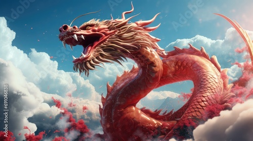 Digital art of a red chinese dragon on the sky. © sambath