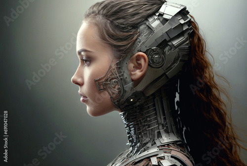 a young attractive woman half-robot or a humanoid android with artificial intelligence parts or a technological upgrade as human evolution, mechanical body parts