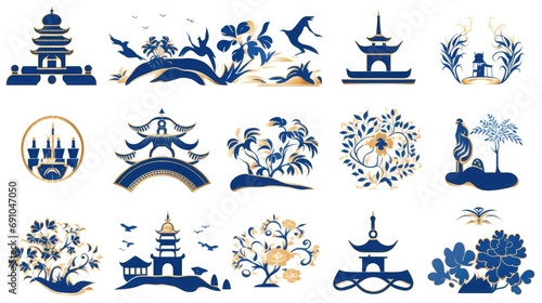 Few chinese icons on a white background, in the style of blue and gold, japanese-style landscapes, playful visual puzzles, guo pei, stencils, wallpaper  photo