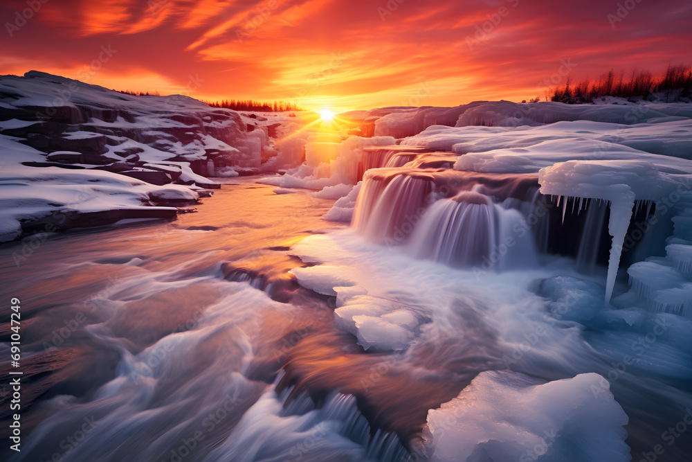 Fototapeta premium Eiskalter Zauber: Winterliche Langzeitbelichtung eines majestätischen Wasserfalls in der Berglandschaft