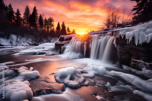 Eiskalter Zauber: Winterliche Langzeitbelichtung eines majestätischen Wasserfalls in der Berglandschaft