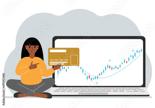 A laptop with a promo page of stock trading or trading on the stock exchange next to a woman holding a plastic card. Financial chart for buying and selling in the stock market. Vector