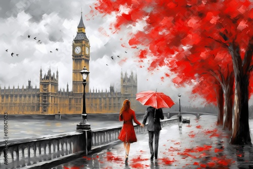 oil painting on canvas, street of london. Artwork. Big ben. man and woman under an red umbrella. Tree. England. Bridge and river, Generative AI 