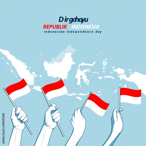 design and illustration of Indonesian Independence day celebration with hand holding flag