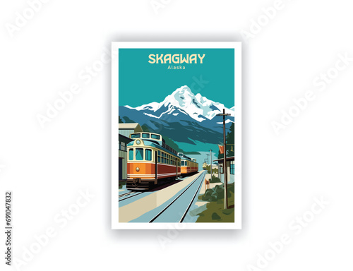 Skagway, Alaska. Vintage Travel Posters. Vector illustration, art. Famous Tourist Destinations Posters Art Prints Wall Art and Print Set Abstract Travel for Hikers Campers Living Room Decor
