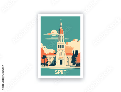 Split, Croatia. Vintage Travel Posters. Vector illustration, art. Famous Tourist Destinations Posters Art Prints Wall Art and Print Set Abstract Travel for Hikers Campers Living Room Decor