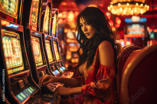Asian woman gambling in casino playing on slot machines