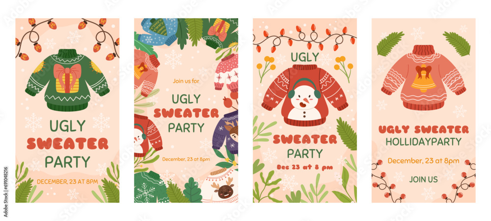 Fototapeta premium Social media christmas stories template, ugly sweater party invitation. Vertical banner decorated with plants branches, funny sweaters, light garlands.