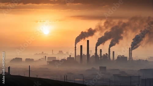  A Dystopian Sunset Over an Industrial Landscape Veiled in Smog, Symbolizing the Wane of Hope Amidst Environmental Decline
