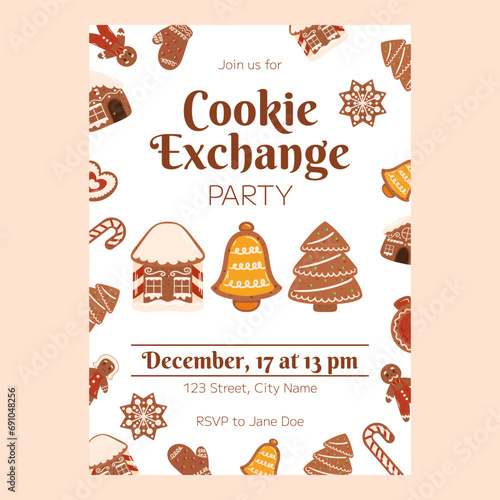 Christmas poster template, Invitation for Xmas cookie exchange party. Vertical flyer decorated with gingerbread cookies around the page and three big cookie in center - house, bell and tree.
