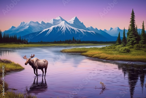 A moose stands in a picturesque lake with mountains, trees and a dramatic sky.