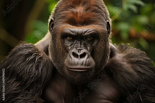 Gorilla Portrait in the Jungle, Black Gorilla in the Forest