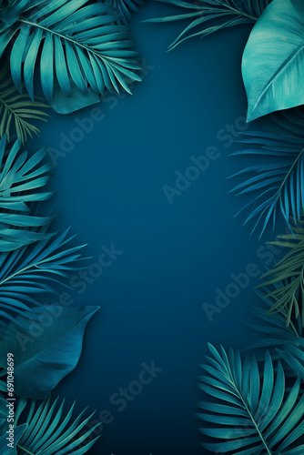 Collection of tropical leavesfoliage plant in blue color paper wallpaper background pattern photo