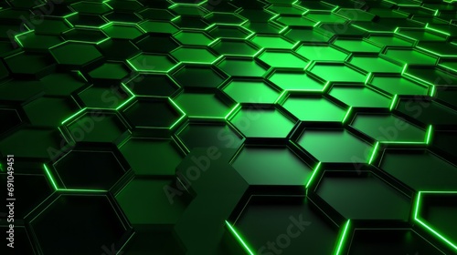 futuristic green hexagonal abstract  vibrant technology concept with neon glow  black hexagon pattern on green background     3d render