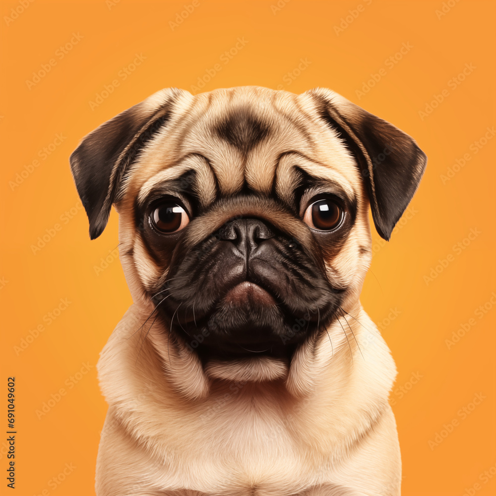 A close-up of a Pug on an orange background