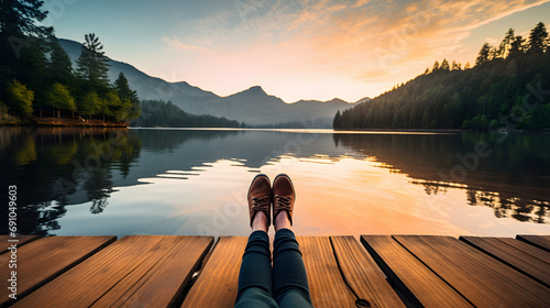 A person sitting on a dock with their feet dangling over a serene lake at sunrise.