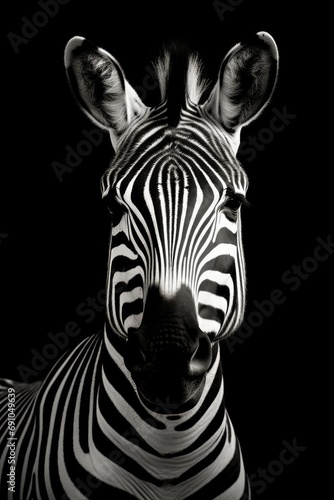 High resolution HD photo portrait of a zebra  black background  detailed  generative AI 