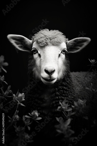 High resolution HD photo portrait of a sheep, black background, detailed, generative AI 