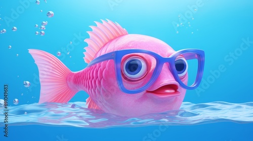 A fish in pink glasses swims underwater.