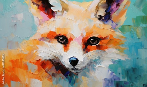 Oil fox portrait painting in multicolored tones. Conceptual abstract painting of a fennec muzzle. Closeup of a painting by oil and palette knife, Generative AI © Pixel Paradise