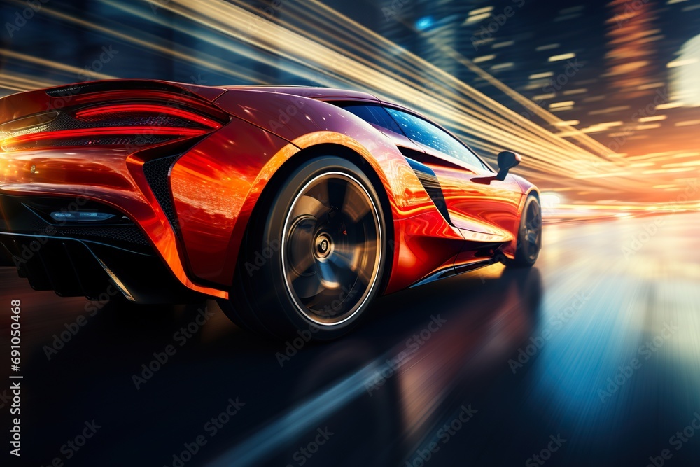 a sports car with shiny wheels blurred motion over asphalt